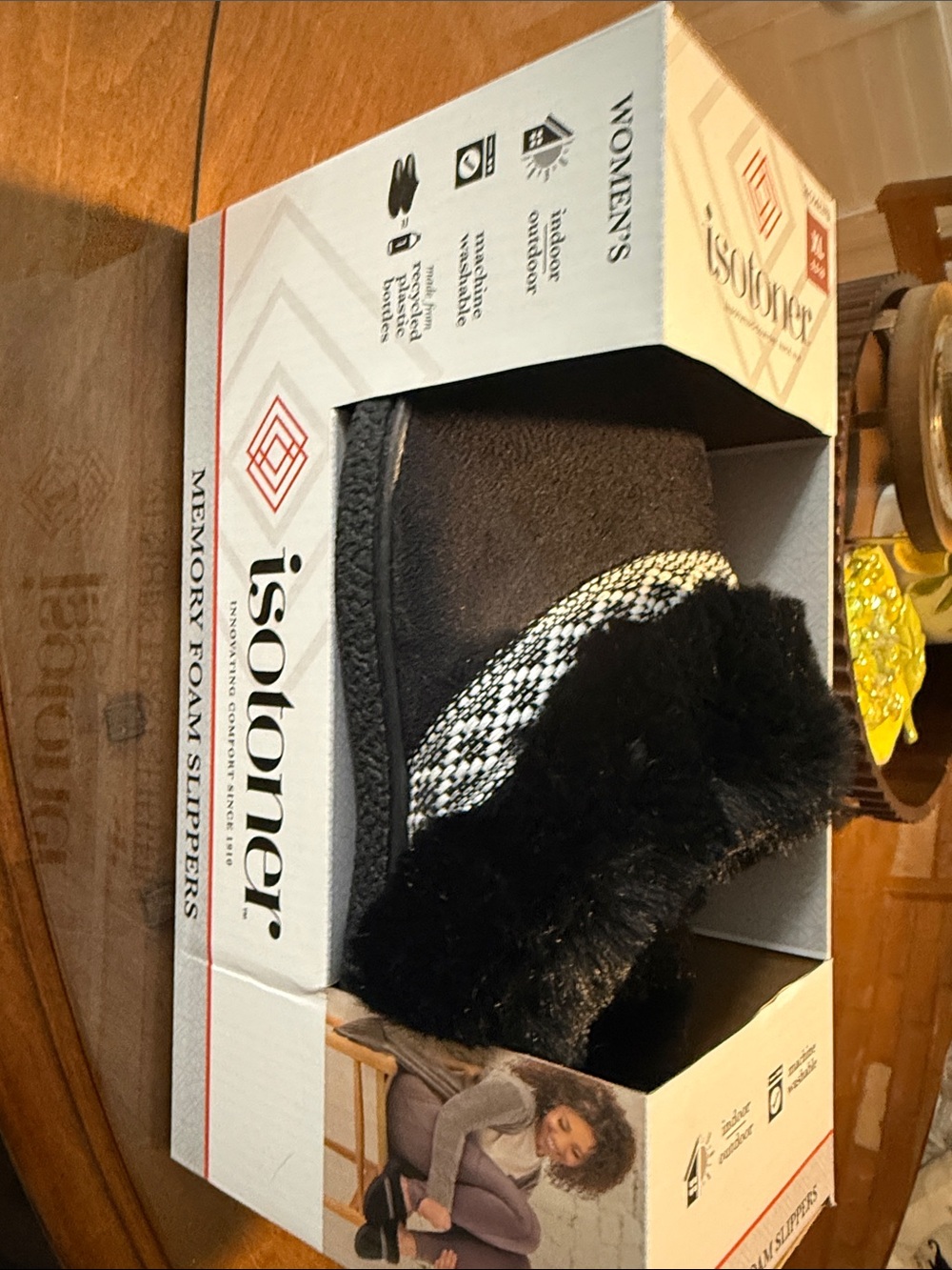 isotoner Women's Black Slipper with Knit Accent and Faux Fur Cuff